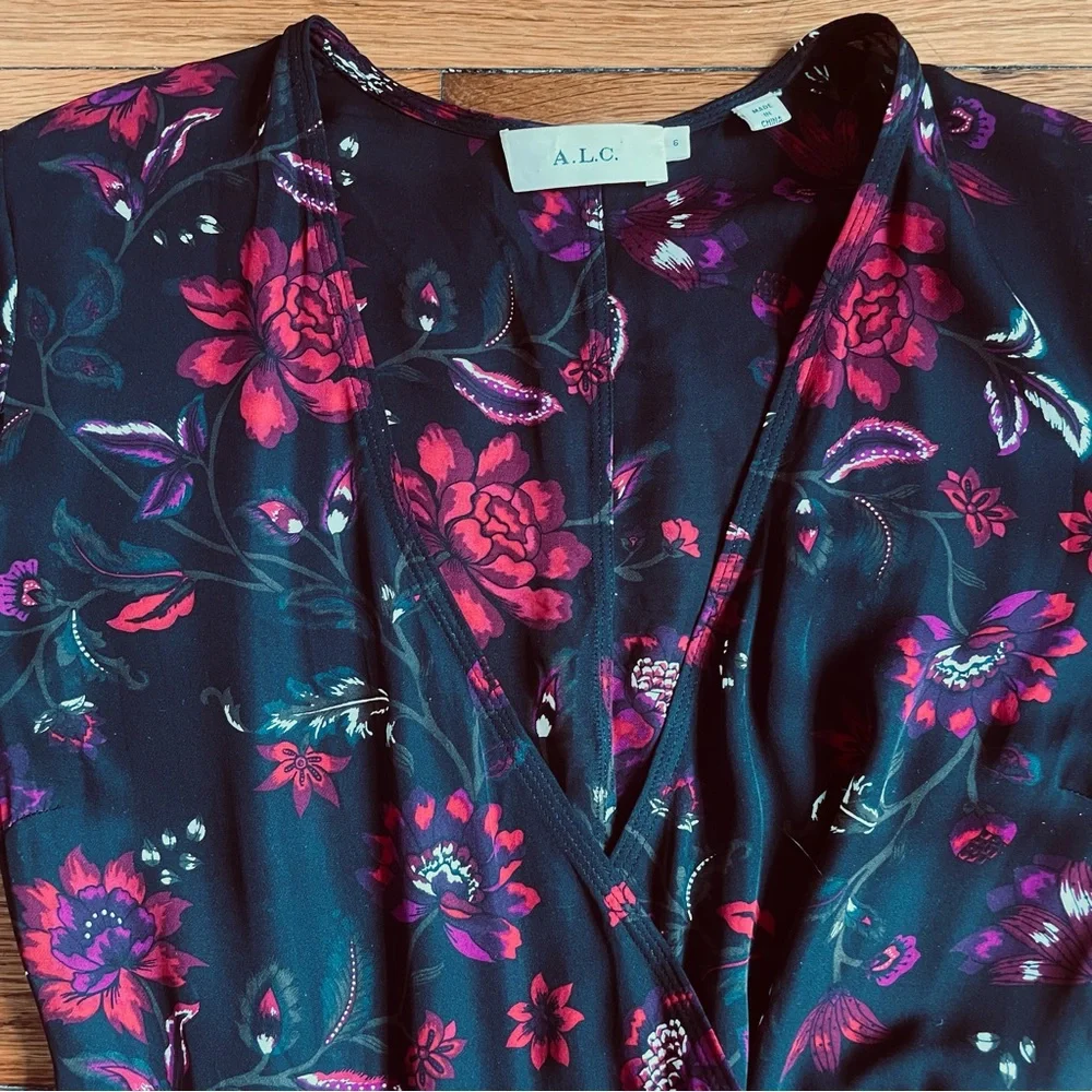 A.L.C. Cora Silk Floral Wrap Black Midi Dress 6